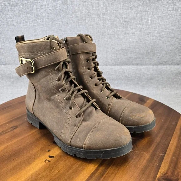 Women's Brown Lace-Up Buckle Accent Ankle Combat Liverpool‎  Boots 8.5W Wide - Picture 2 of 14